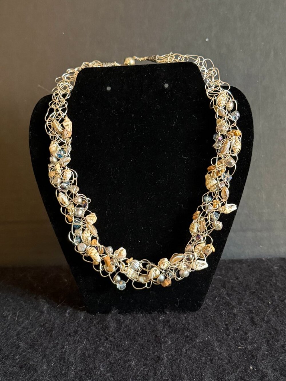 Wire-Woven Silver-Tone Necklace w/Seashells, Pearls, Stone Chips
